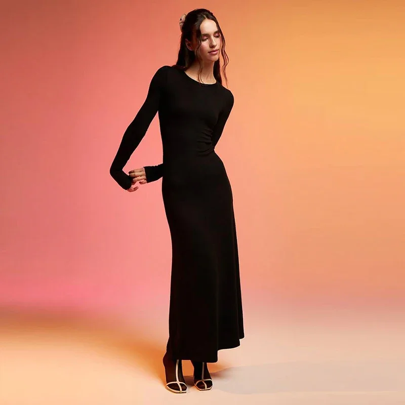 Women Fashion New Round Neck Dress Suit Elegant Solid Color Long Sleeve Sunscreen Cozy Summer Dresses Female Beach Skirt Suit