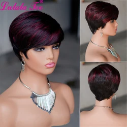 T1B/99J Short Pixie Cut Brazilian Remy Human Hair Wigs To Wear Glueless Straight Hair Color Full Machine Made Bob Wig With Bangs