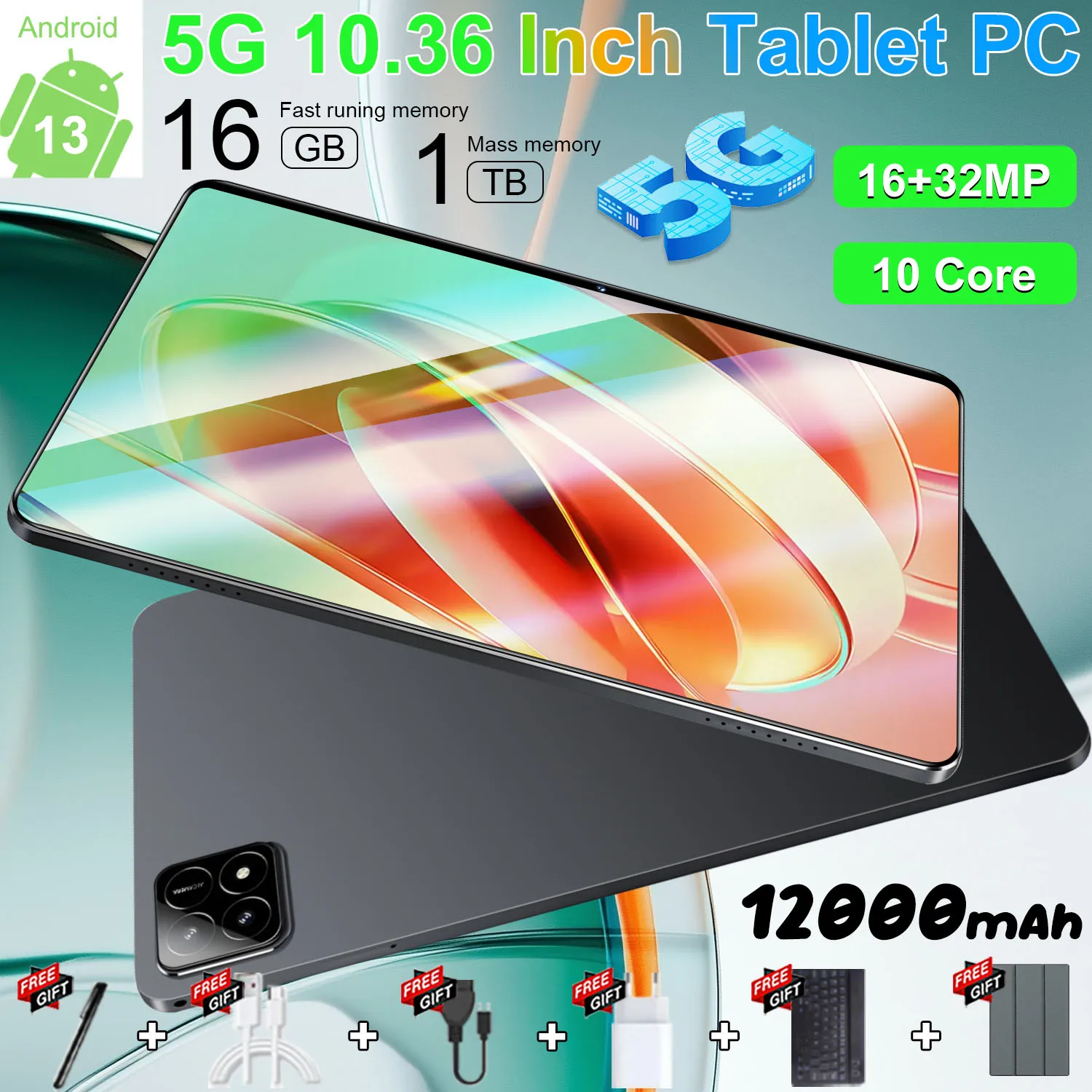 Tablette 5G grand écran HD 10,36 pouces Android 16 Go RAM 1 To ROM 12000 mAh Android 13.0 10 cœurs Type-C Double caméra 16MP+32MP Double carte SIM Réseau WIFI Bluetooth GPS WPS Office Cadeaux Tablettes PC PAD