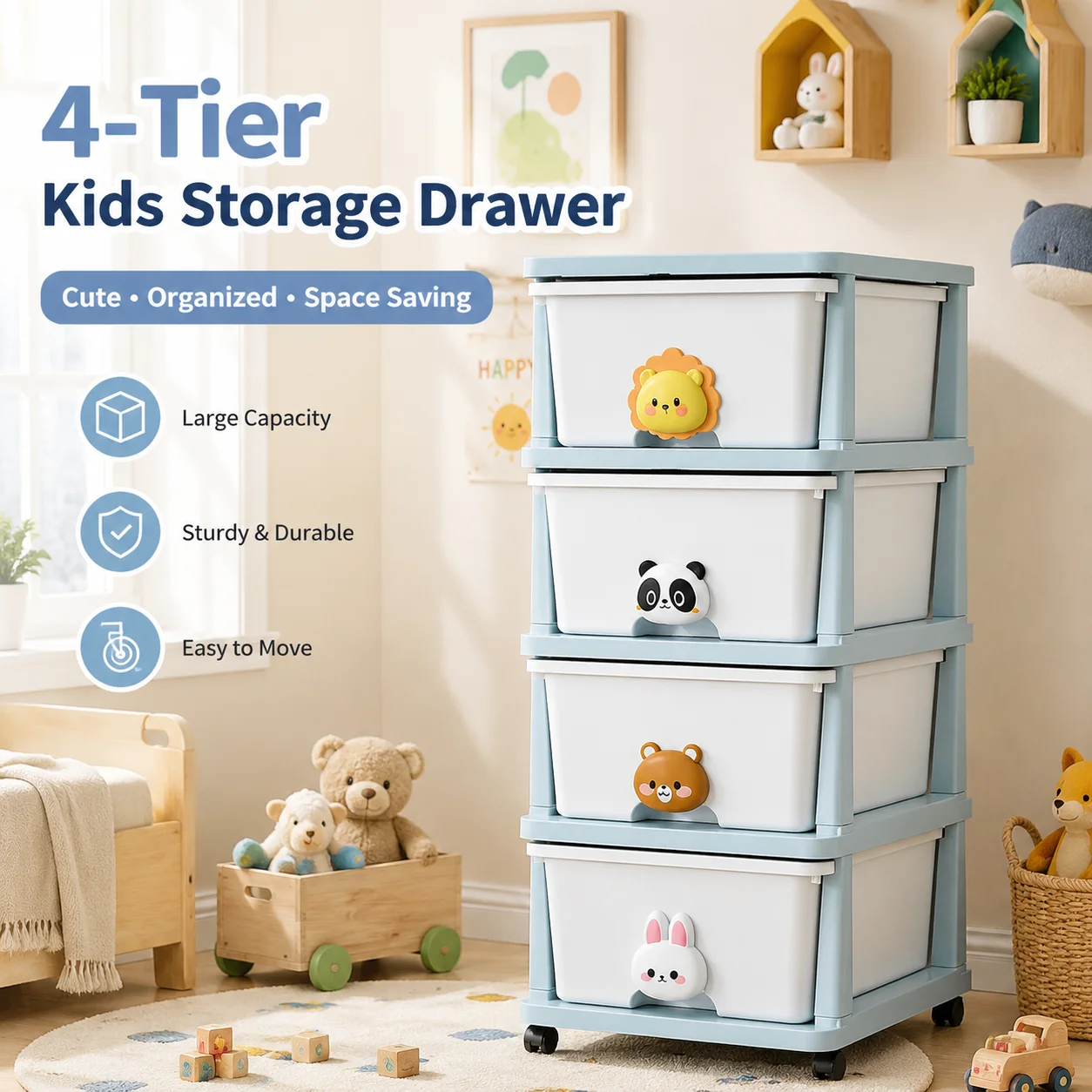 Single And Double Row 4 Tier Kids Plastic Storage Drawer Cabinet with Wheels Cartoon Animal Handle  PP Toy Clothes Diaper Organizer Children Nursery Room Storage Unit