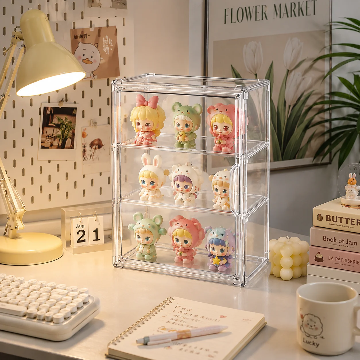 Freestanding Three-Tier Blind Box Display Case With A Sturdy Metal Frame And Anti-Scratch Tempered Glass Shelves