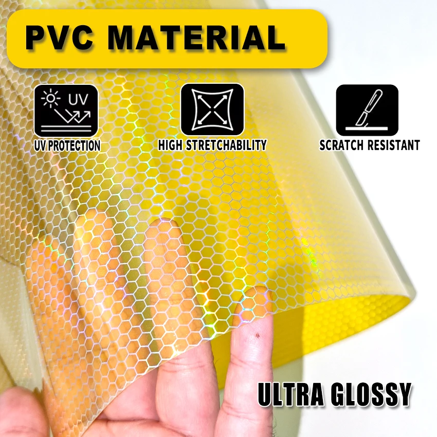 Yellow Laser Rainbow Honeycomb Light Tint Film for Car Headlight Taillight Color Change Vinyl Wrap Iridescent Reflective Sticker