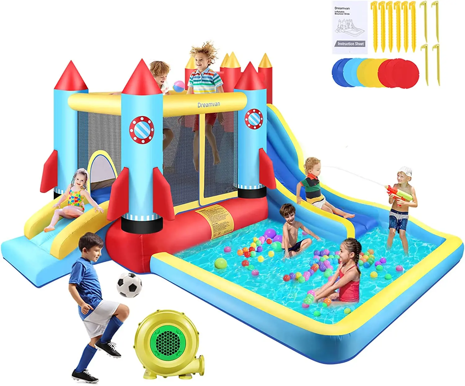 Inflatable Bounce House with Blower, 2 Splash Slides Outdoor/Indoor Bouncy House