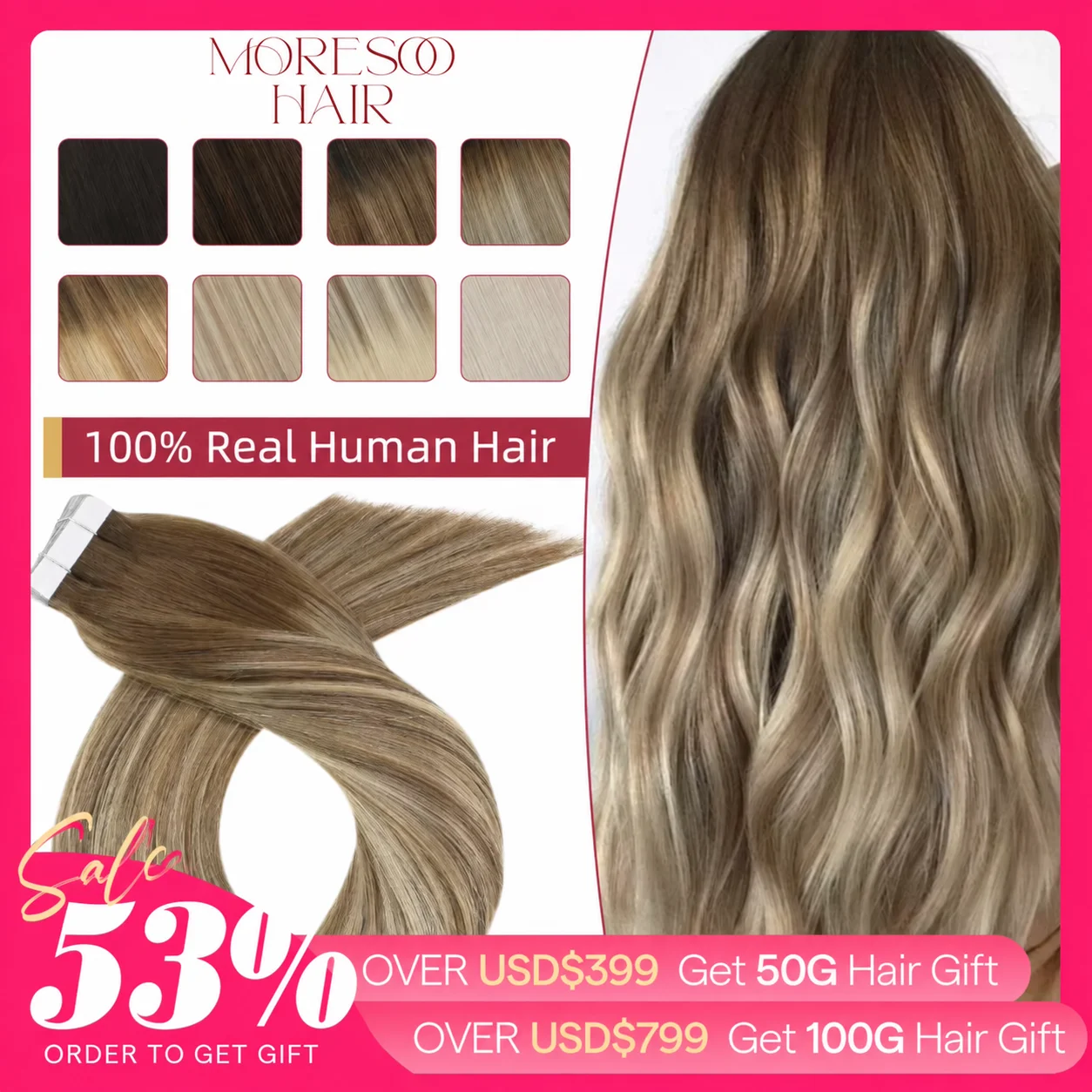 Moresoo Blonde Tape-in-Haarverlängerungen, Echthaar, natürlich, glatt, nahtlos, unsichtbares Tape, brasilianisches Remy-Haar für Schönheit