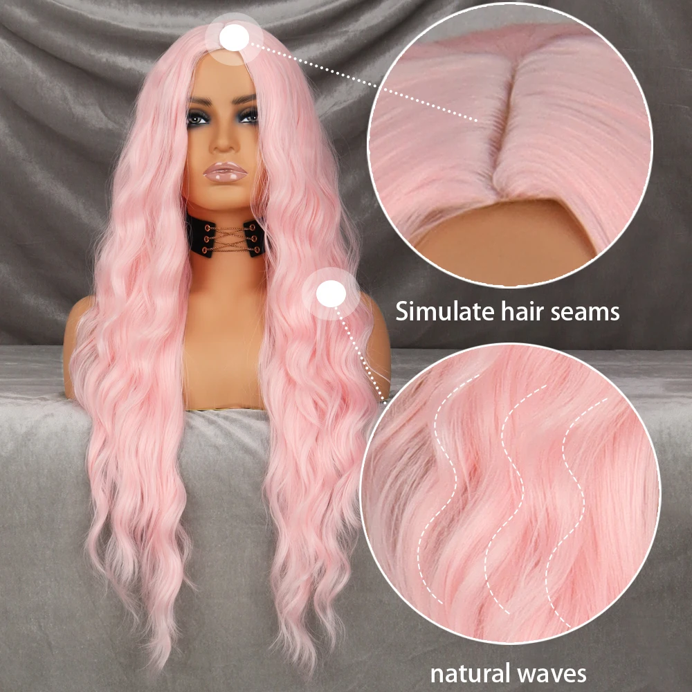 WERD Long Wavy Pink Synthetic Wig Women\'s Heat-Resistant Natural Half Part Cosplay Party Lolita Wig