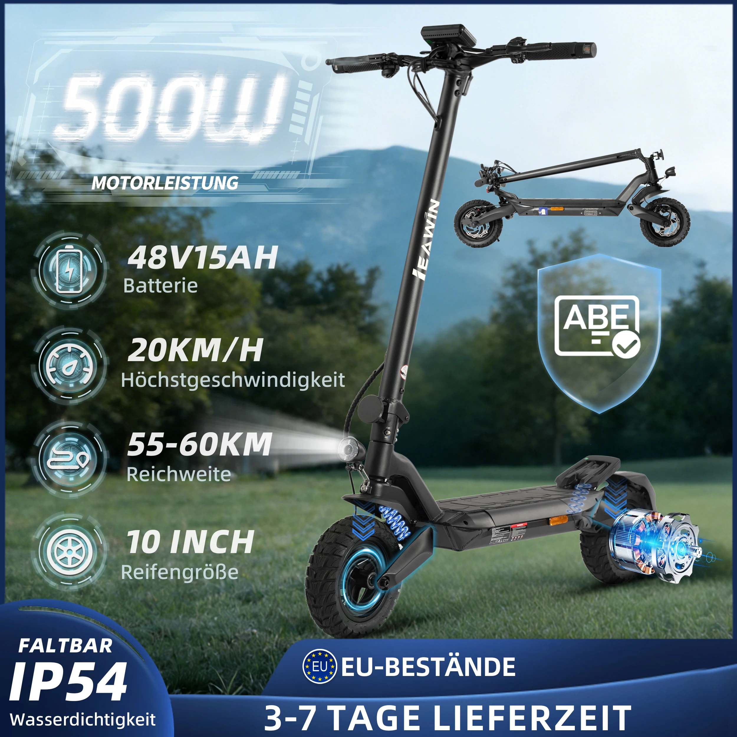 Vankel 10-Zoll-Elektroroller für Erwachsene, faltbarer E-Scooter mit ABE-Straßenzulassung, 500W Motor, 720Wh Akku, 55–80 km Reichweite, 20 km/h Höchstgeschwindigkeit, Vollfederung
