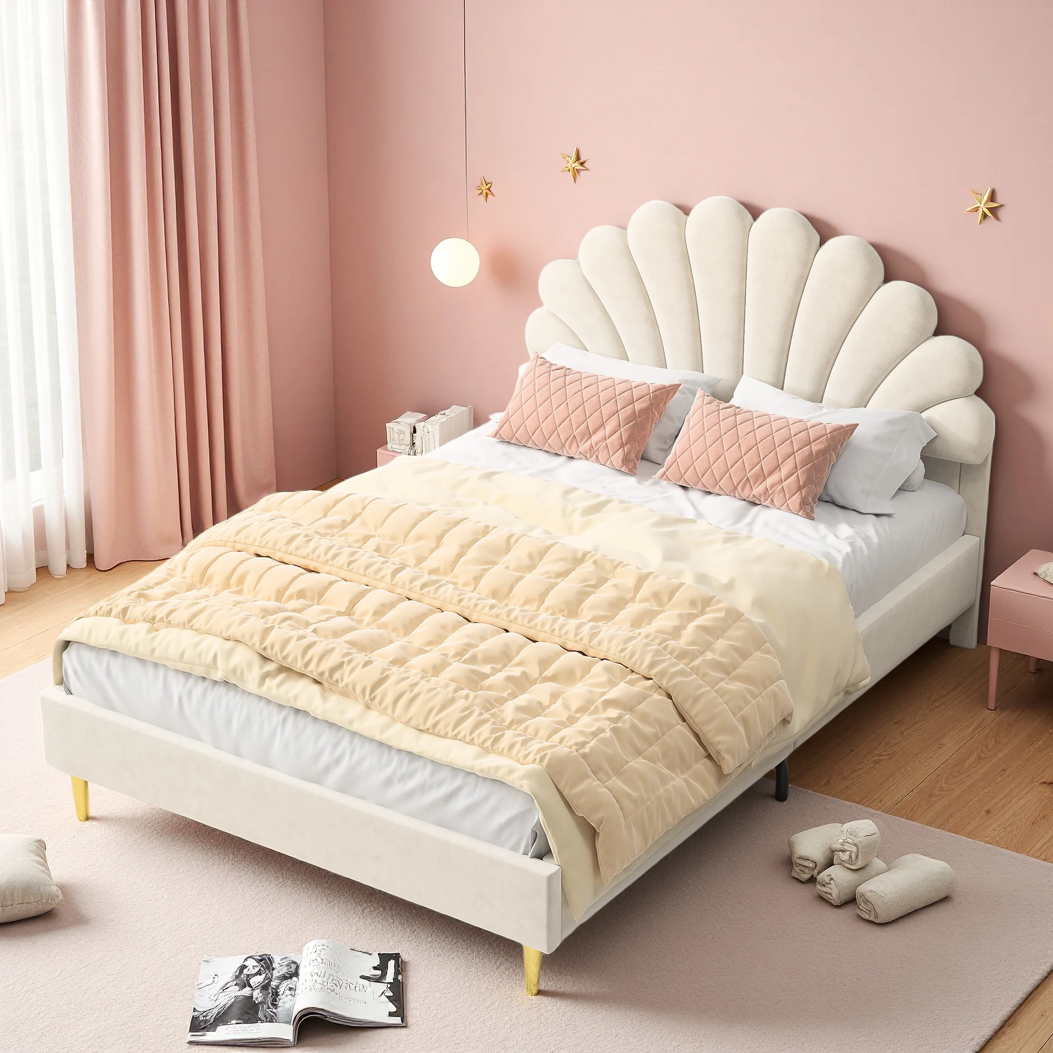 Rosahqnda Letto per bambini 140x200 cm Letto imbottito letto per ragazze Riposo Testiera a forma di fiore Letto per ragazzi Beige Rosa Velluto