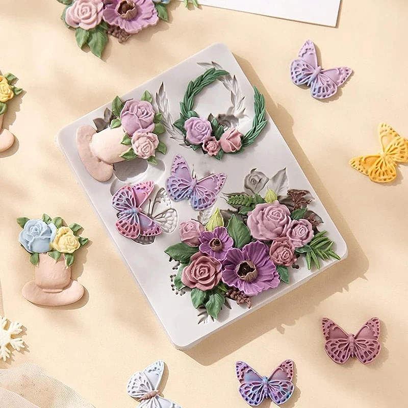 Rose Silikonform Schmetterling Fondant Form Blumentopf Blumenstrauß Blätter Schokolade Kuchen