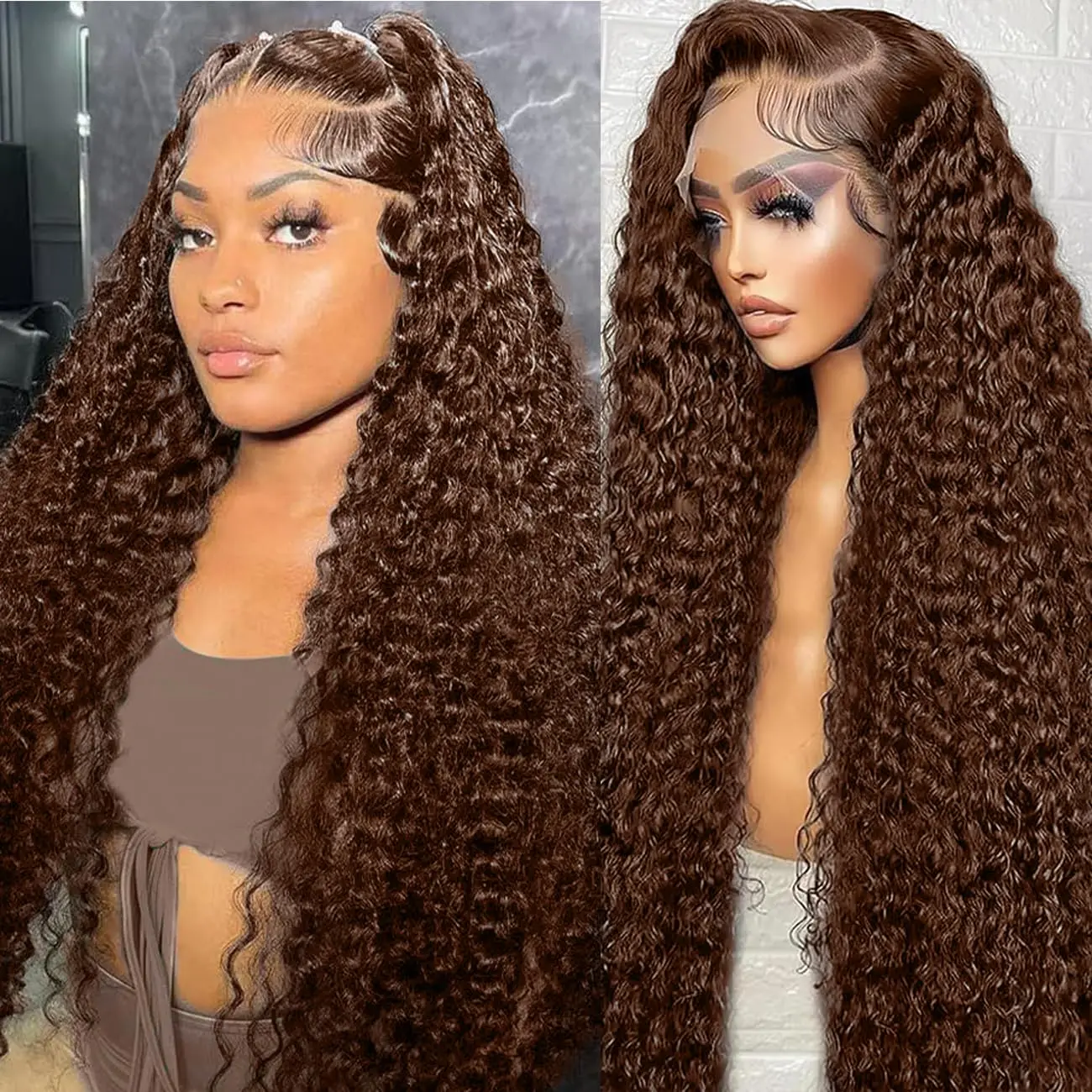 

30 Inch Chocolate Brown Deep Wave Lace Front Wigs Human Hair 13x4 Hd Curly Lace Frontal Wigs for Women Pre Plucked 4#