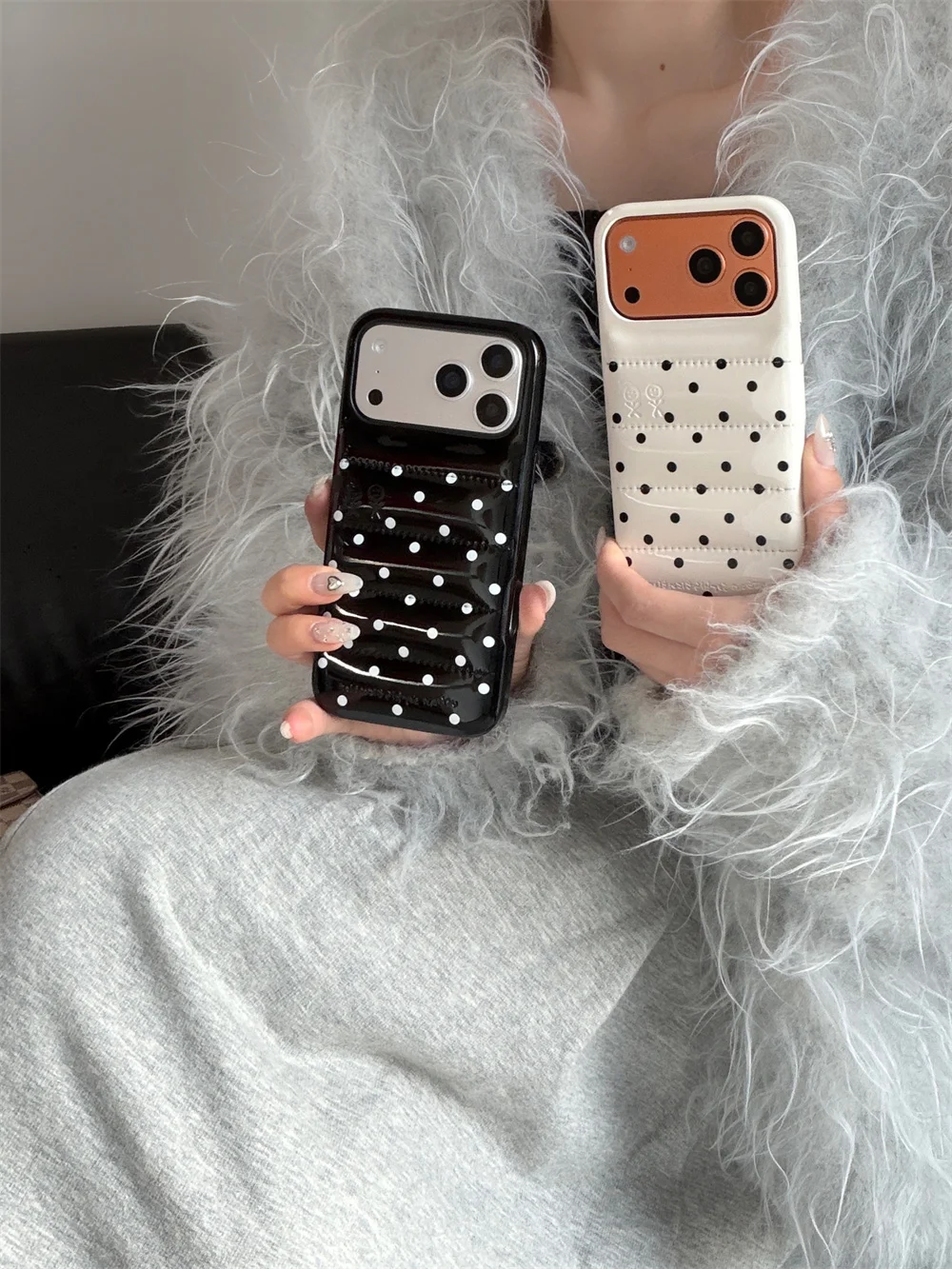 

New fashionable and cute Korean polka dot down suitable for iPhone 17 Pro Max 15/16 13/14 ProMax anti drop protective case