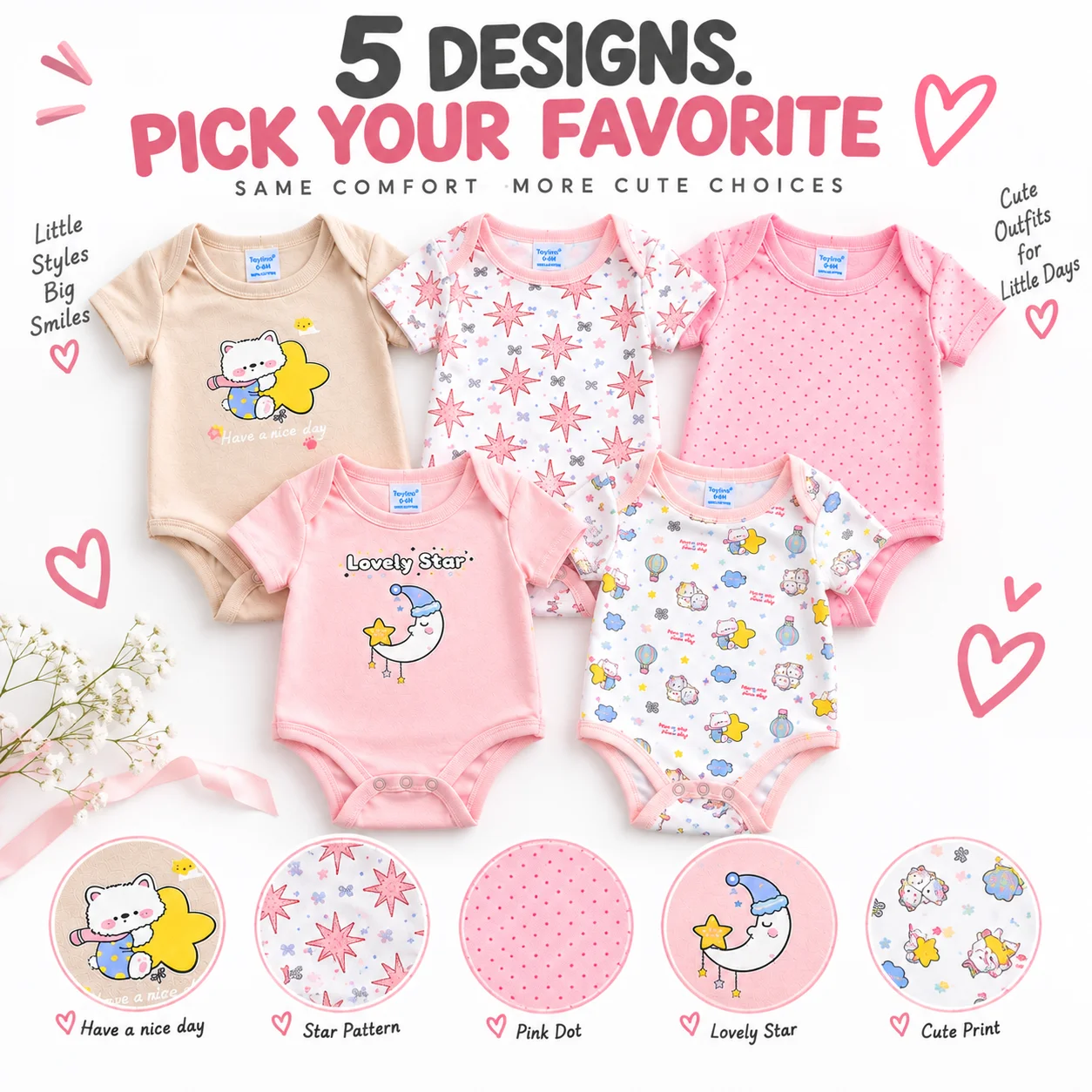 5 Pack Baby Bodysuits Short Sleeve Newborn Infant Clothes Cute Baby Clothing Set Everyday Outfits for 0-12 Months