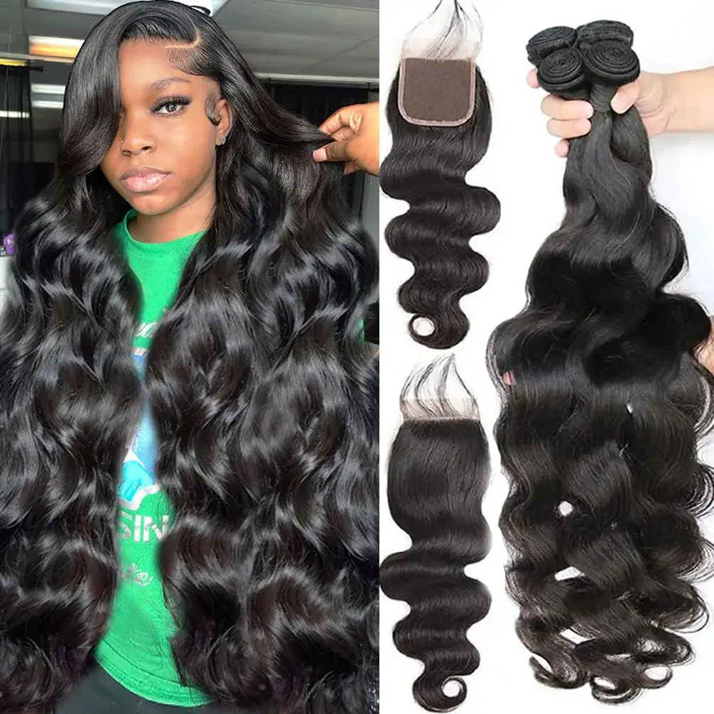 

12A Пучки объемных волн 100% пучки человеческих волос с застежкой 4x4 Бразильские пучки плетения волос с застежкой Натуральные необработанные пучки волос