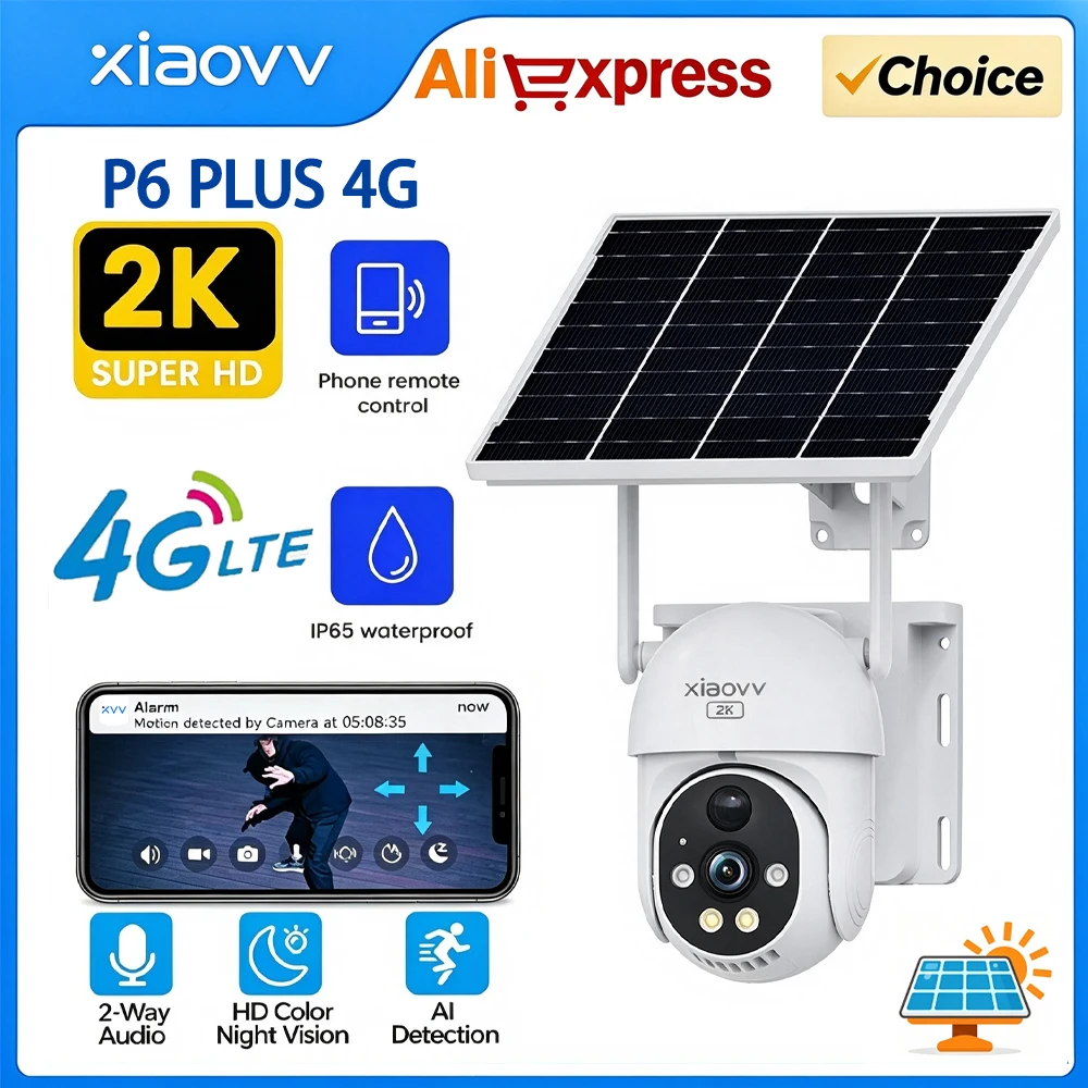 XIAOVV 4G 6MP Surveillance Smart Security Camera Solar Charging IP65 Waterproof Human Tracking Full Color Night Vision