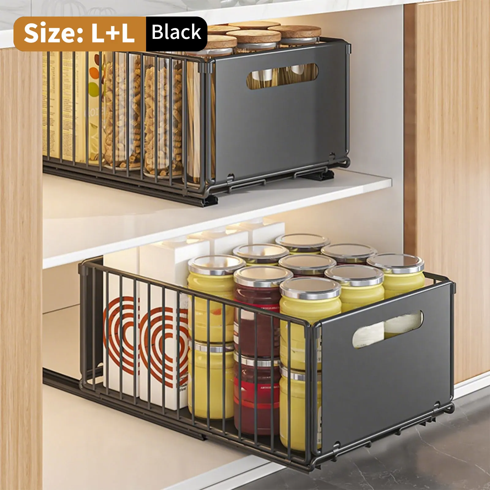 2 pezzi: organizer per mobili da cucina con sistema a estrazione, scaffale scorrevole con guide, ripiano a due livelli con cassetti estraibili per pentole, padelle, spezie e utensili da cucina,