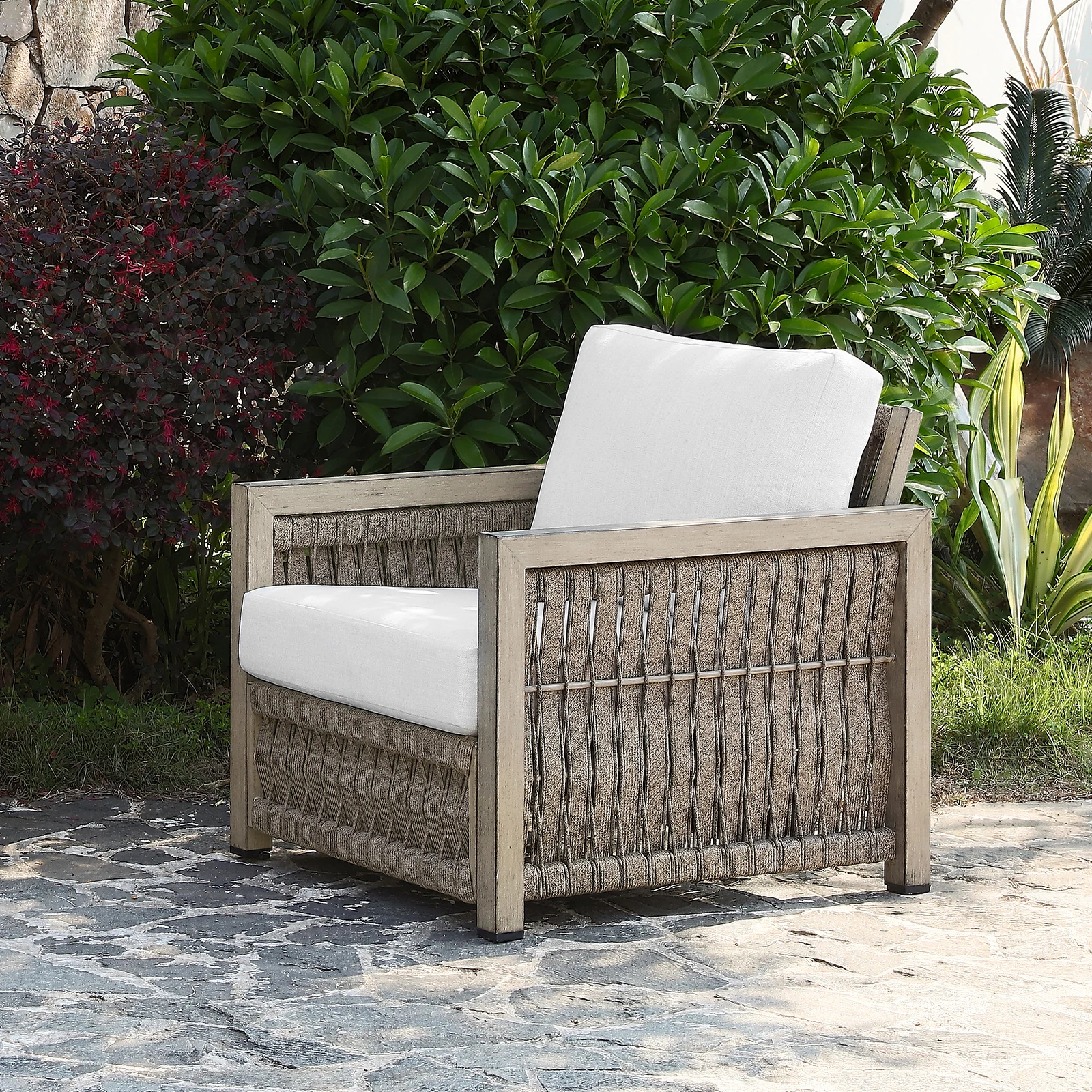 

Стул для патио SeeHill из серого дуба, алюминиевое уличное кресло с веревочным переплетением и моющимися подушками для сада, крыльца, балкона