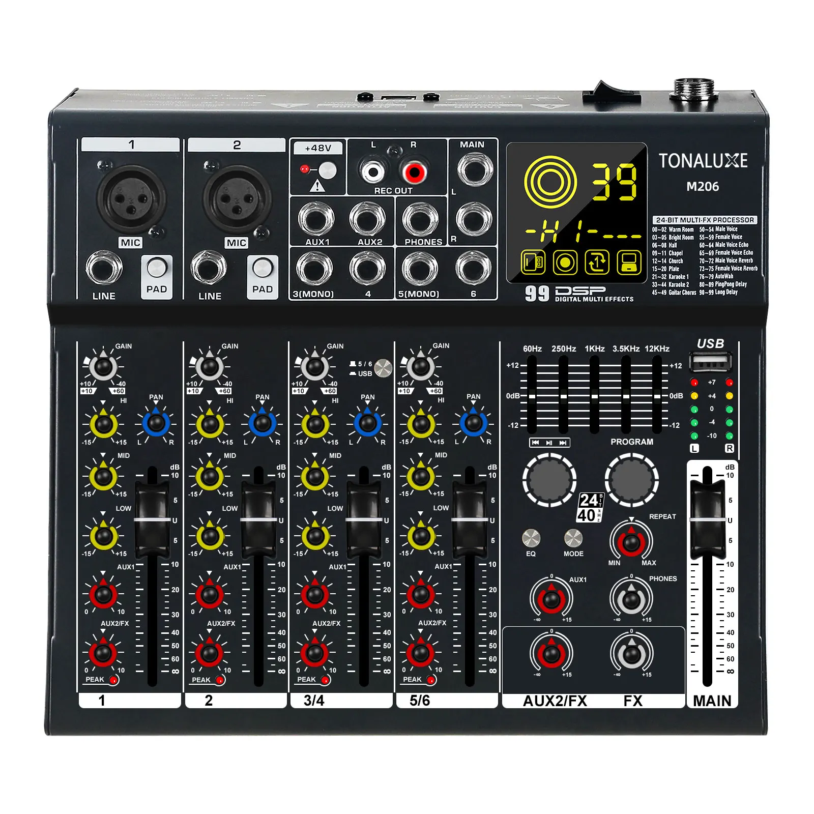 

FULUODE M206 Audio mixer features 99 DSP effects EQ USB Bluetooth MP3 playback and independent 48V power supply