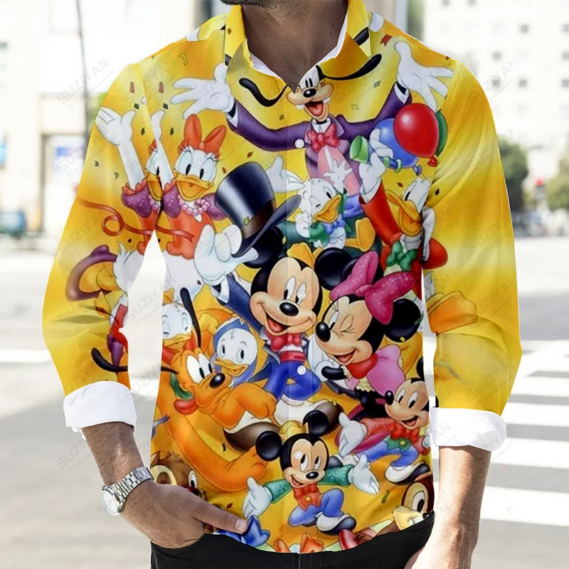 2022 outono mais novo botão casual camisas de manga longa disney mickey pato donald e goofy 3d impressão completa moda masculina lapela topos