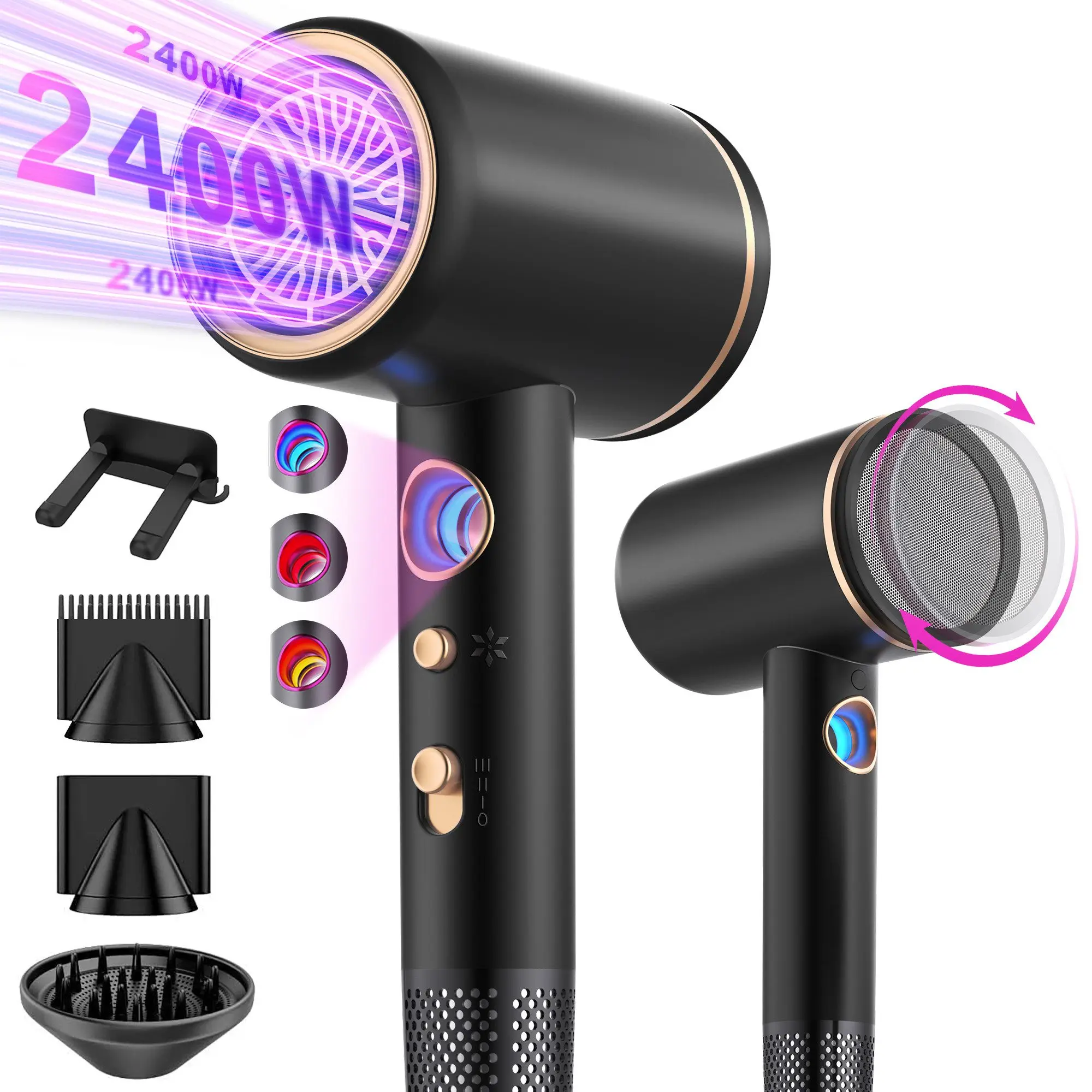 Haartrockner Haartrockner Föhn Ionen 2400W,Anti-Spliss mit Kaltluft Modus 2400,00 W, (25m/S, 3 Stylingaufsätze, angereichert mit Keratin und, Mandelöl, Ionenpflege - Anti Frizz, langlebiger AC-Motor)