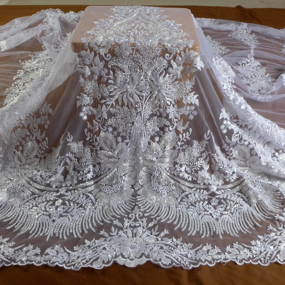 

HelluyerDc Off white ,Pure white heavy beaded lace fabric,large patterns embroidery for wedding prom dress fabric by the yard