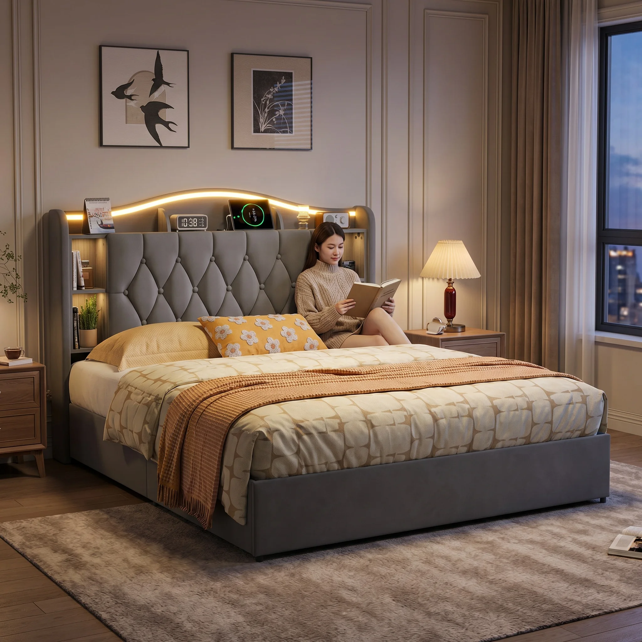 Cama con Almacenamiento Hidráulico Tapizada Superaly 140x200cm, Estructura de Cama de Terciopelo Gris con Cabecero LED RGB, Carga USB e Inalámbrica, Cama Acolchada, Colchón No Incluido