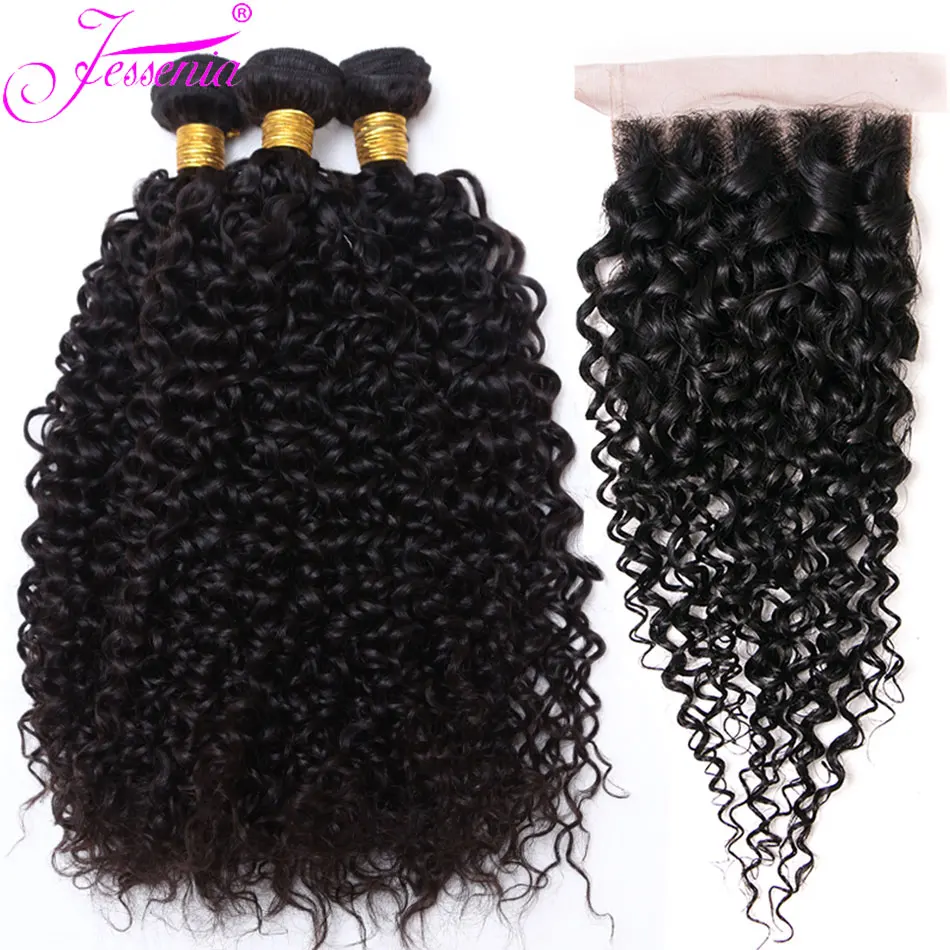 Bundles de cheveux humains indiens avec fermeture frontale, extension de cheveux crus, Kinky Curly, 12A, offres groupées, 3/4