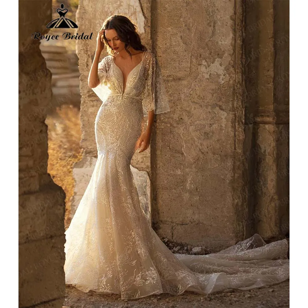 

Roycebridal Deep V-Neck Lace Mermaid Wedding Dress 2026 Charming Open Back Court Train Brides Gown Vestidos De Novia Customized