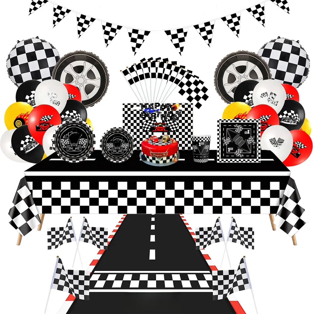 Voiture de course fête d'anniversaire noir blanc vaisselle à carreaux fanion bannière pour garçons enfants formule 1 course fête décor faveurs cadeaux