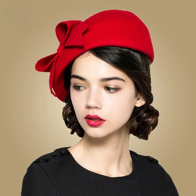 FS Elegancki Beret Damski Wełniany Filcowy Fascynator Fedora Czerwony Kapelusze Kościelne Biały Czarny Ślubny Kapelusz Damski Czapki z kokardą Kapelusz Pillbox Koreański — zdjęcie 2