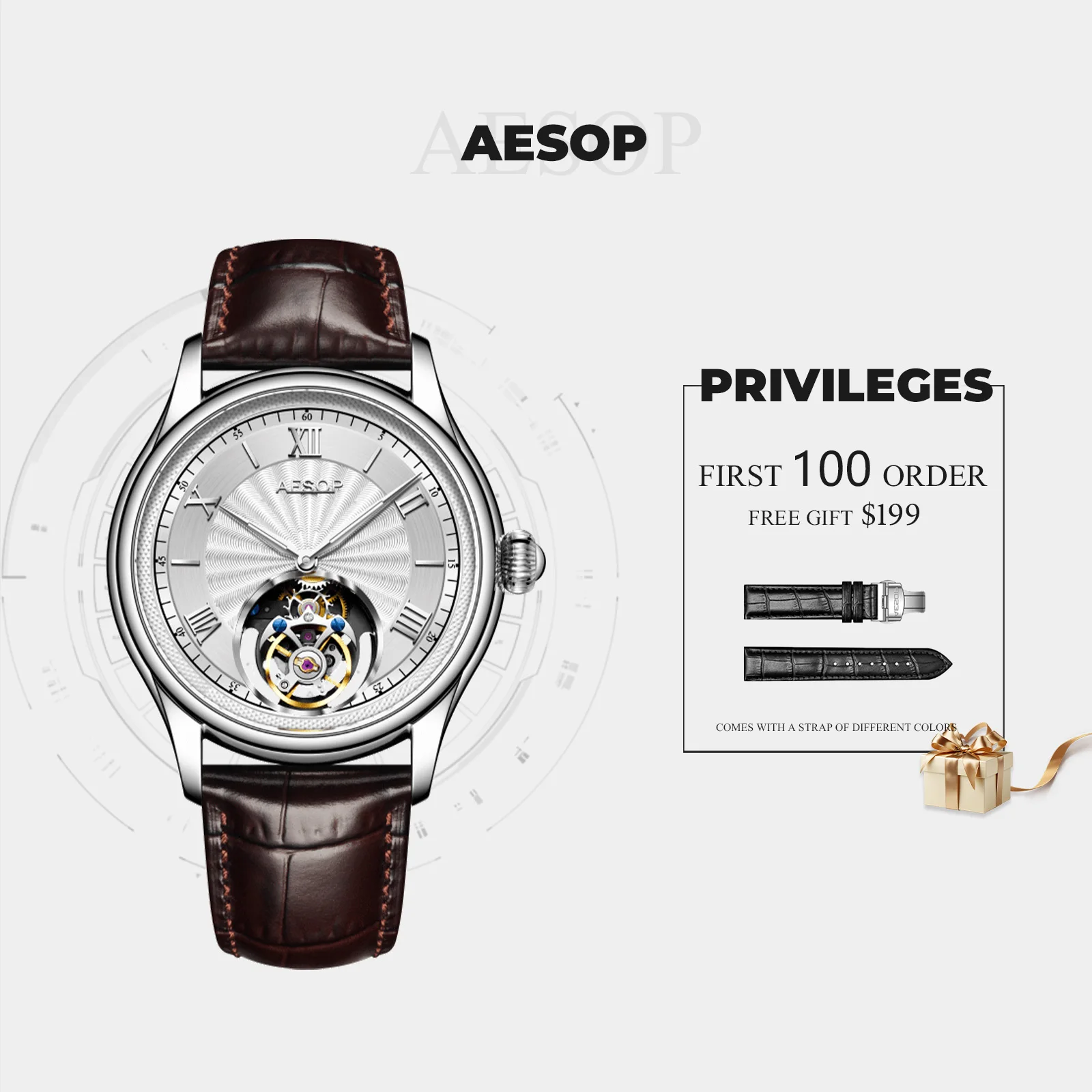 AESOP high-end tourbillon automatic watch Men's tourbillon movement mechanical watch waterproof stainless steel men's gift