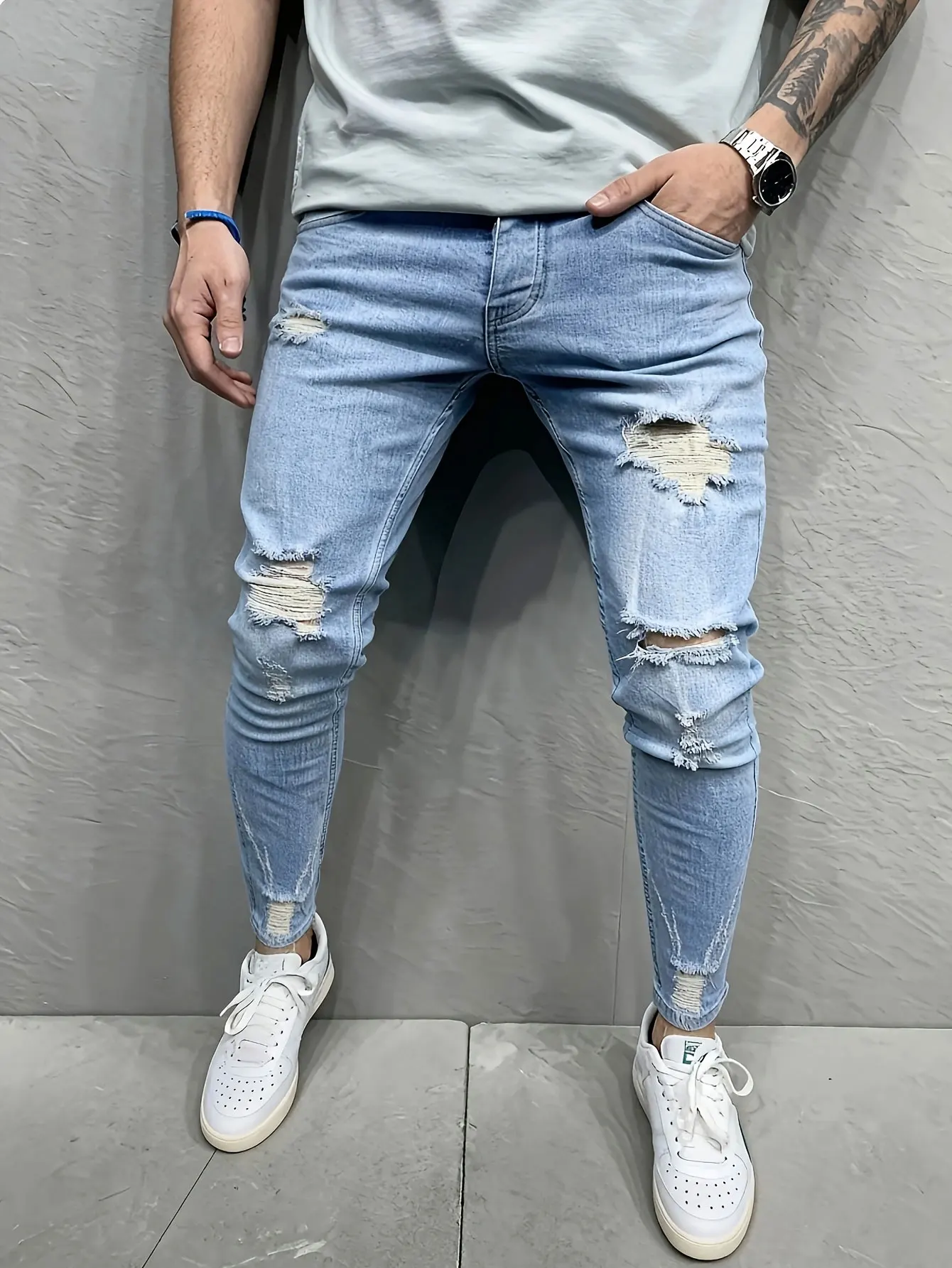 

Men's Ripped Jeans - Vintage Distressed Wash Tapered Fit, Classic EssentialDesignSlim-Fit Skinny Style, All-Season Casual Pants