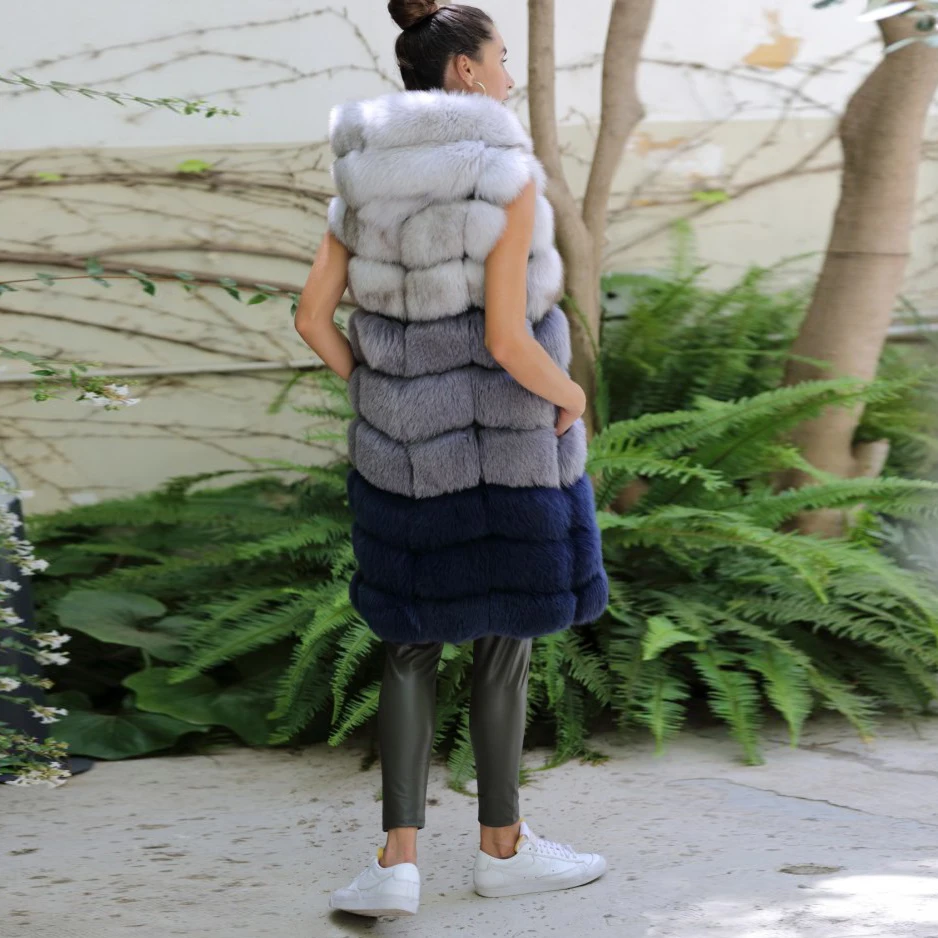 Long Real Fox Fur Vest for Women Winter Outwear High Quality Genuine Leather Natural Fox Fur Coat Sleeveless Hooded Fur Overcoat