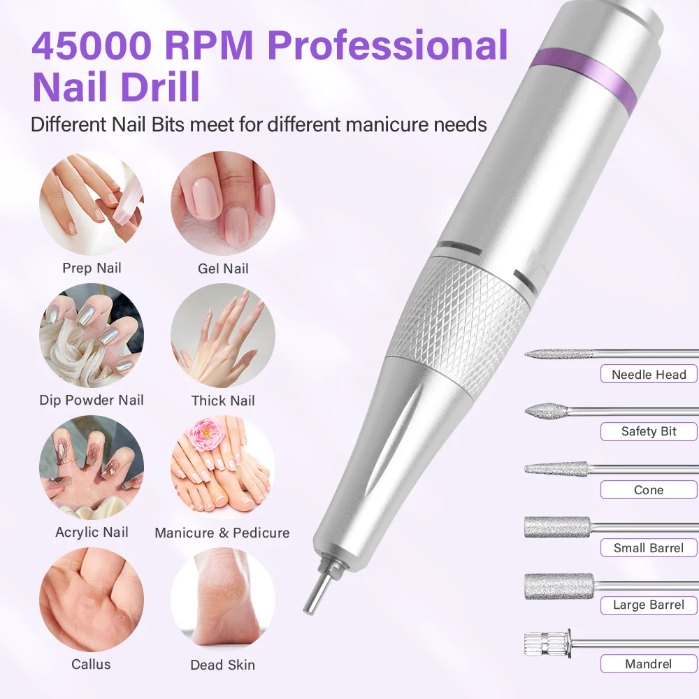 45000RPM Professional Rechargeable Nail Drill Machine for Nails Electric File HD Display Metal Manicure Pen Nail Lathe Sander