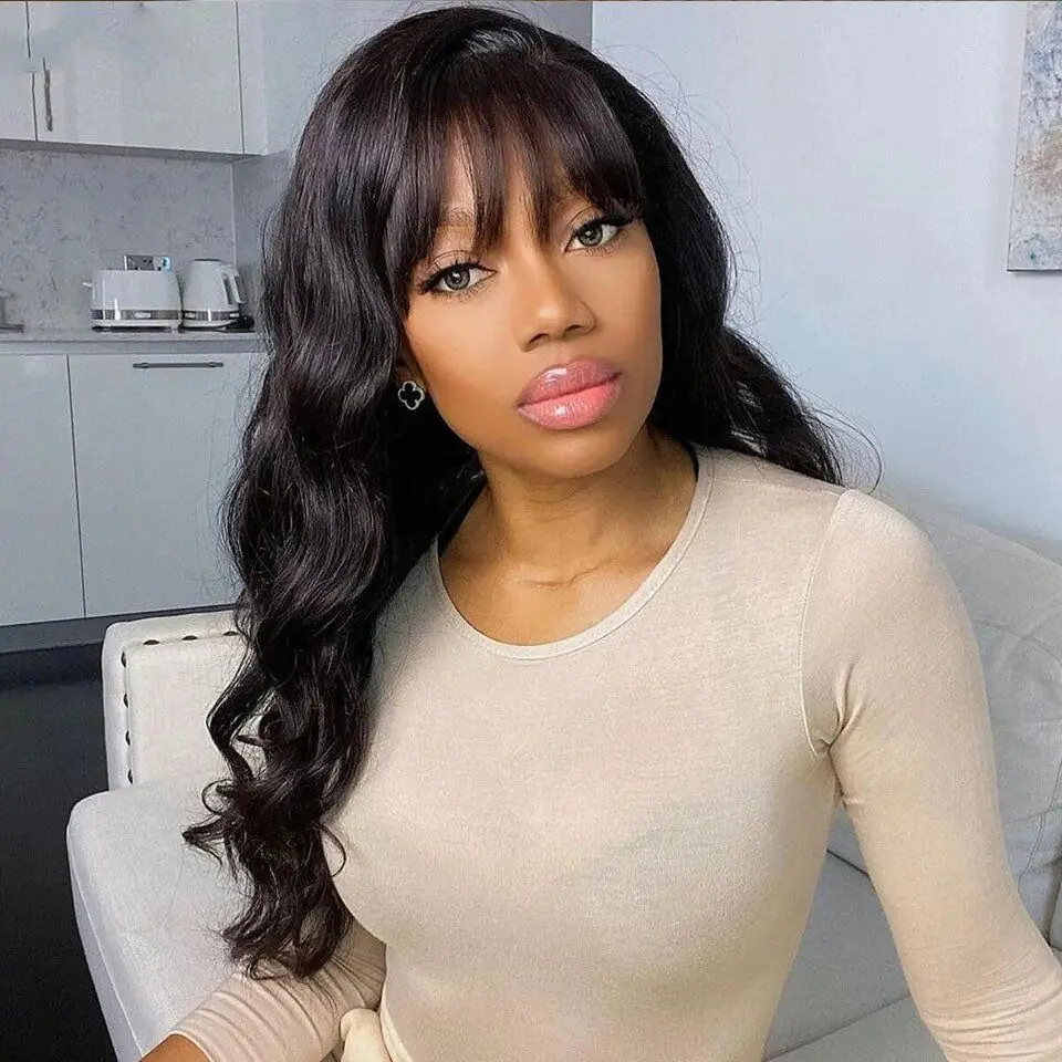 

Full Machine made 3x1 lace frontal wig with bangs for women Choice Body wave 30 inch lace front wigs human hair on sale