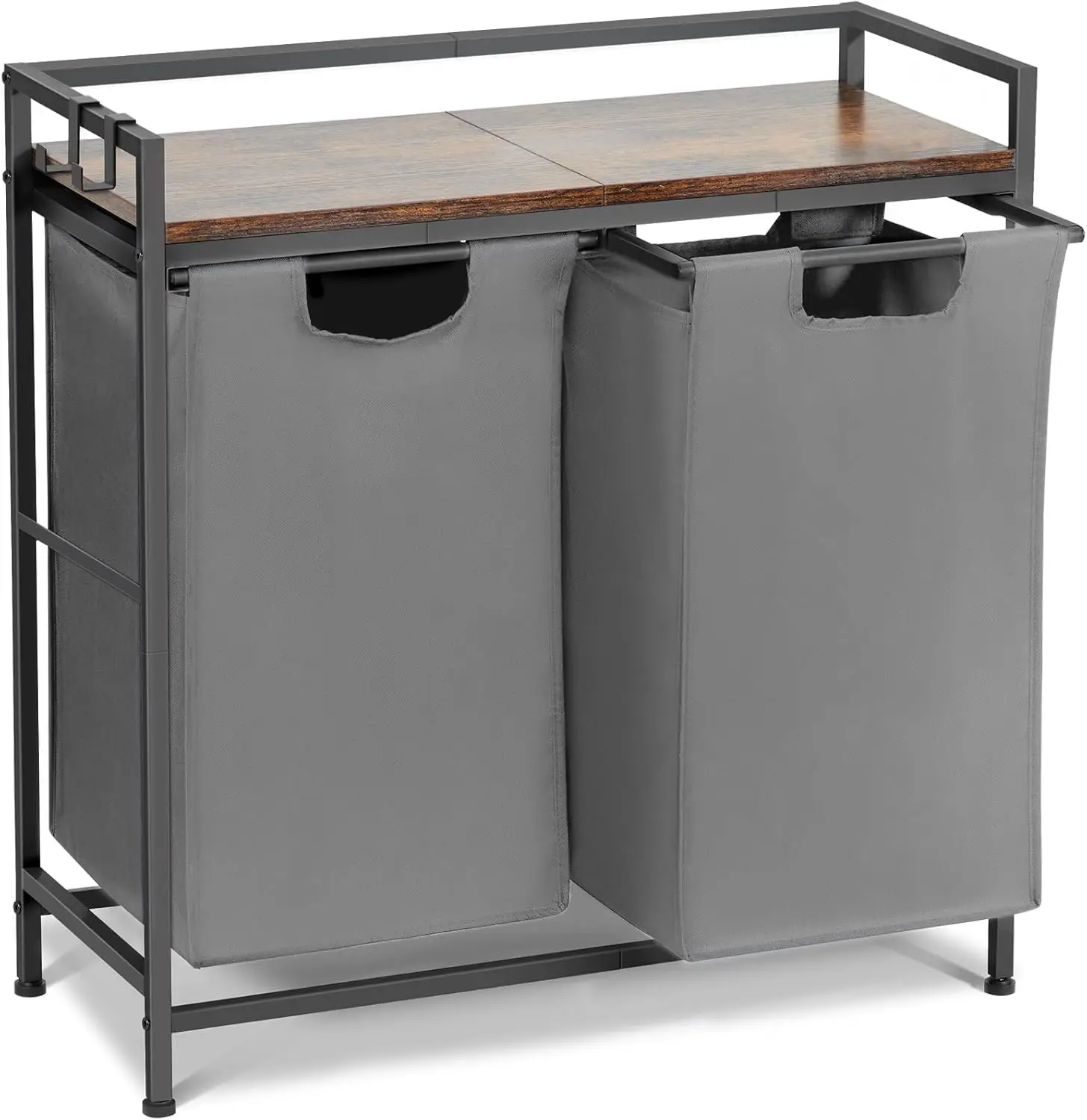 2-zakken wasgoedsorteerder, robuust metalen frame, uittrekbare wasmand met houten bovenste plank, afneembare waterdichte Oxford waszakken met zijhaken en stoppers voor opslag in slaapkamer, badkamer