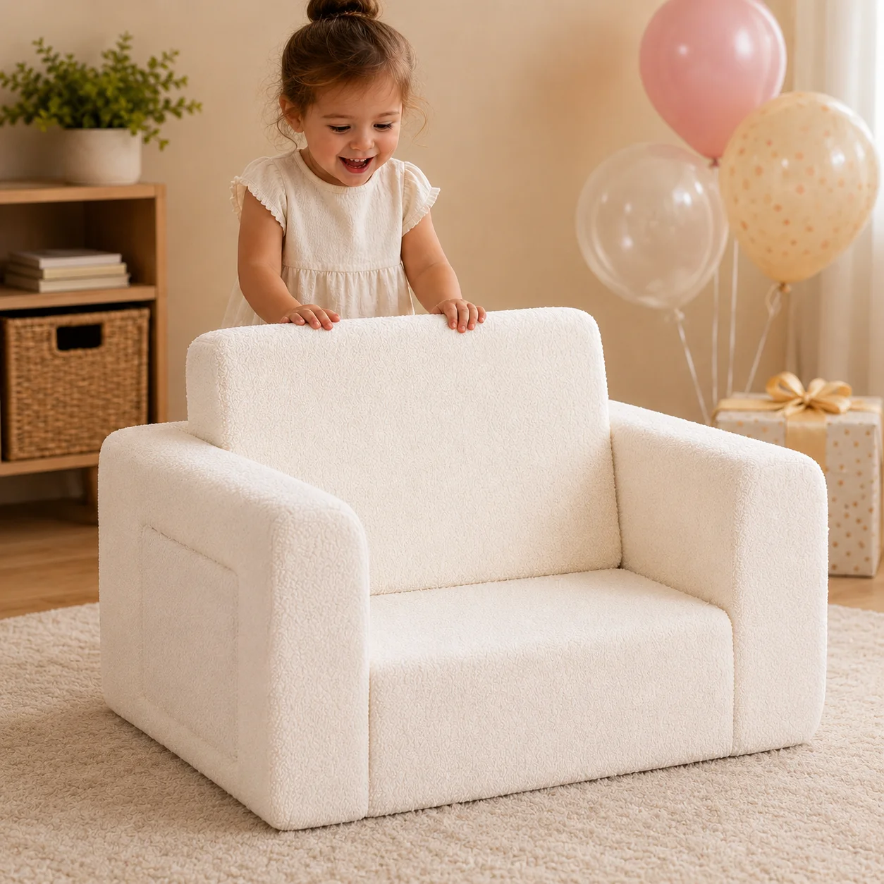 Canapé pour enfants, canapé convertible 2 en 1 en mousse avec tissu en laine d'agneau douce, chaise de jeu confortable, beige