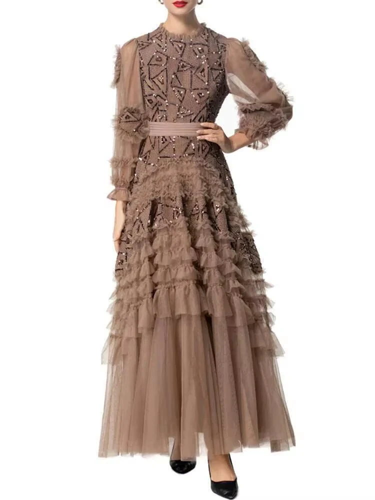 Elegant Maxi Swing Dress Long Sleeve Mesh Sequin Ruffle Lace Women's  Fashion TRAF ropa mujer vestidos evening patry dresses - AliExpress  200000345