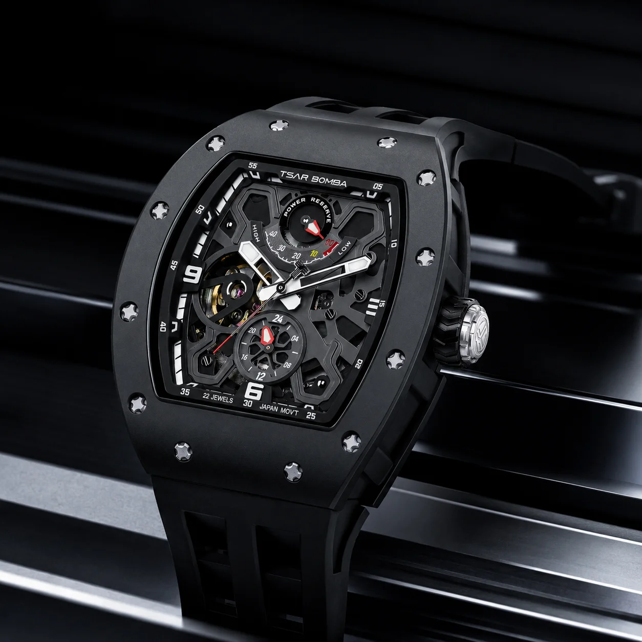 TSAR BOMBA Men Mechanical Watch Epson Movement Carbon Fiber Ceramic Sapphire Crystal FKM Strap 50M Waterproof Luminous Skeleton