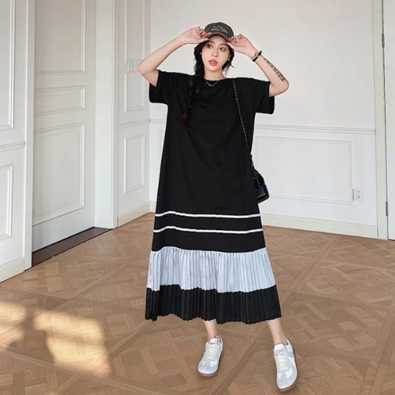 

Summer New Korea Woman Dress Vestidos Female Robe Elbise Loose Plus Size Patchwork Pleated Hem Short Sleeve Long Dresses