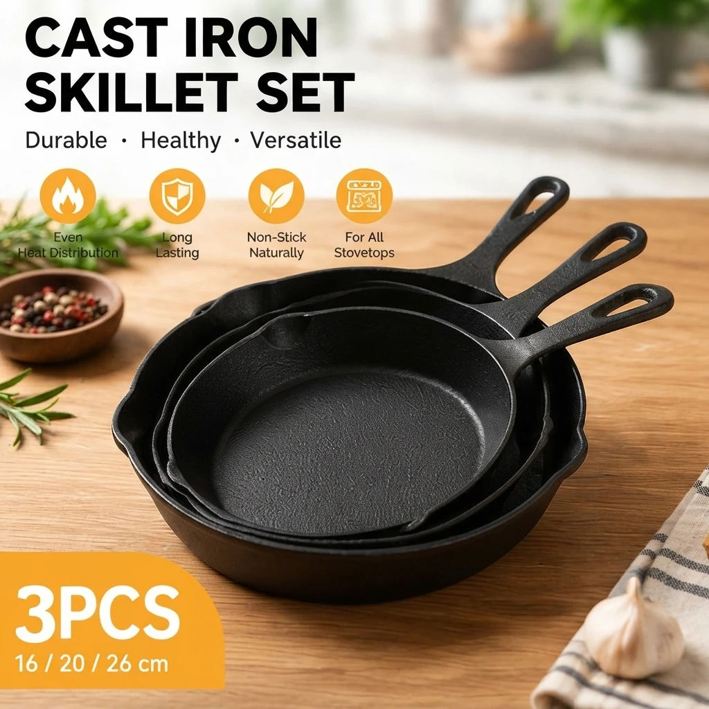 3pcs Cast Iron Skillet Set – 5.91/7.87/9.84