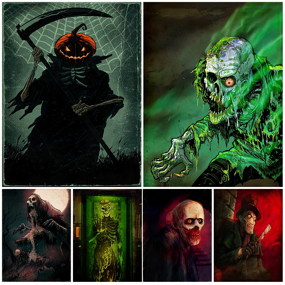Zombies,Werewolves,Ghosts Vintage Cartoon Terror Wall Art Canvas Painting Abstract Halloween Monster Poster And Print Home Decor