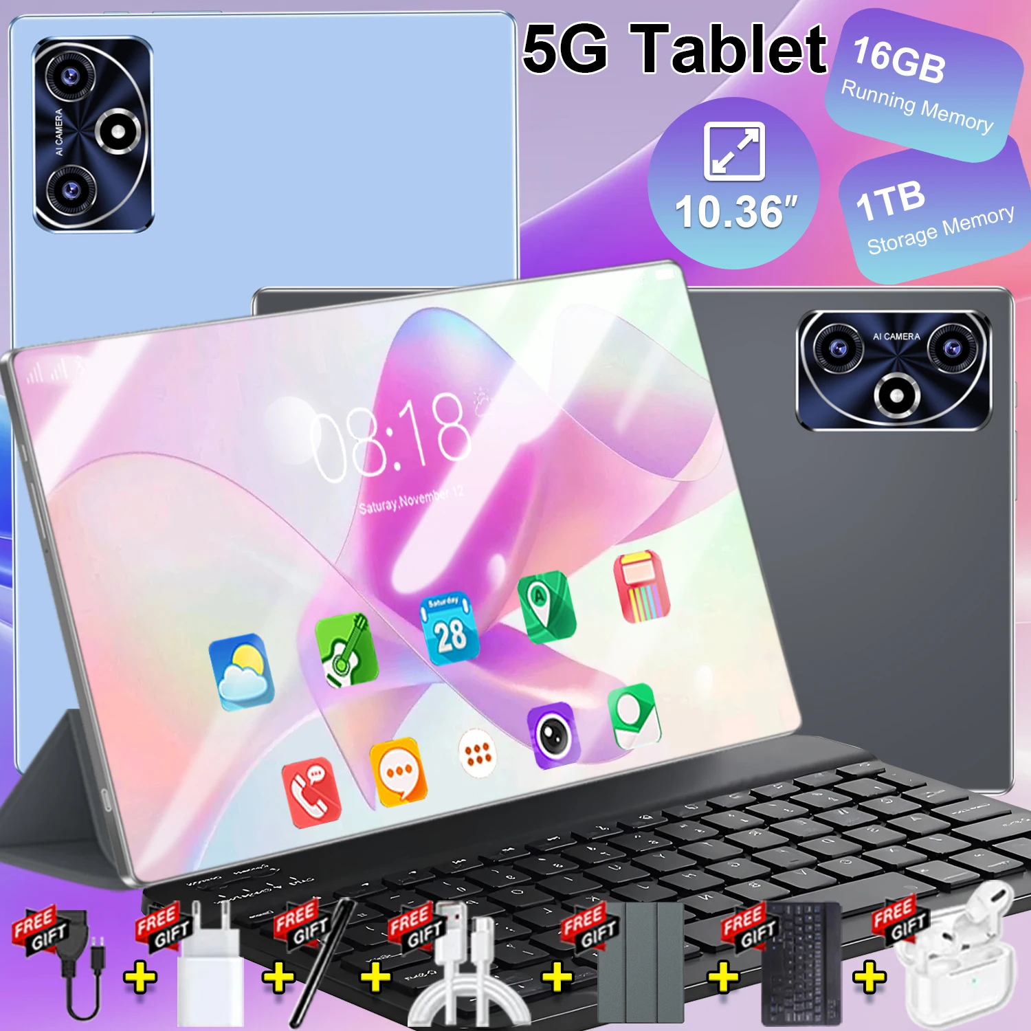 Écran large 10,36" Tablette Android 13, 14 cœurs puissants, grande mémoire 16Go et stockage 1To, batterie 20000mAh longue durée de vie, compatibilité 5G double SIM et WiFi, caméras HD 16MP&32MP, fonctionnalités riches pour usage familial et professionnel