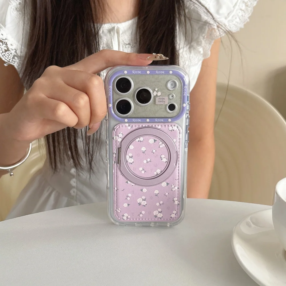 New Korean Ins Purple Flower Phone Case for iPhone 18 Pro Max 15 16 17 18 Pro with Magsafe Holder Luxury Leather Anti-Fall Cover
