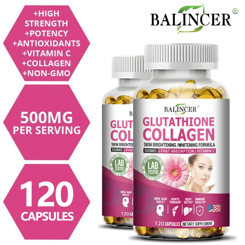 Glutathione Collagen 500mg + Fast Absorbing Vitamin C, Skin Whitening, for Skin, Hair, Nails, Joints, Liver, Detox, Immunity