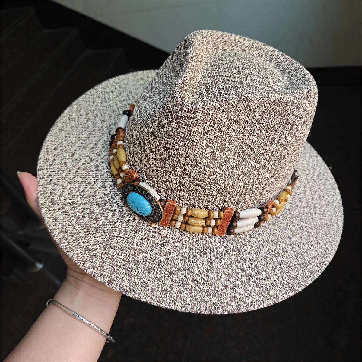 Women Straw Hat men Wide Brim Western Fedora Sun Hat Handmade Beach Cowgirl Hat Boho Turquoise Beaded Band jazz hat panama straw