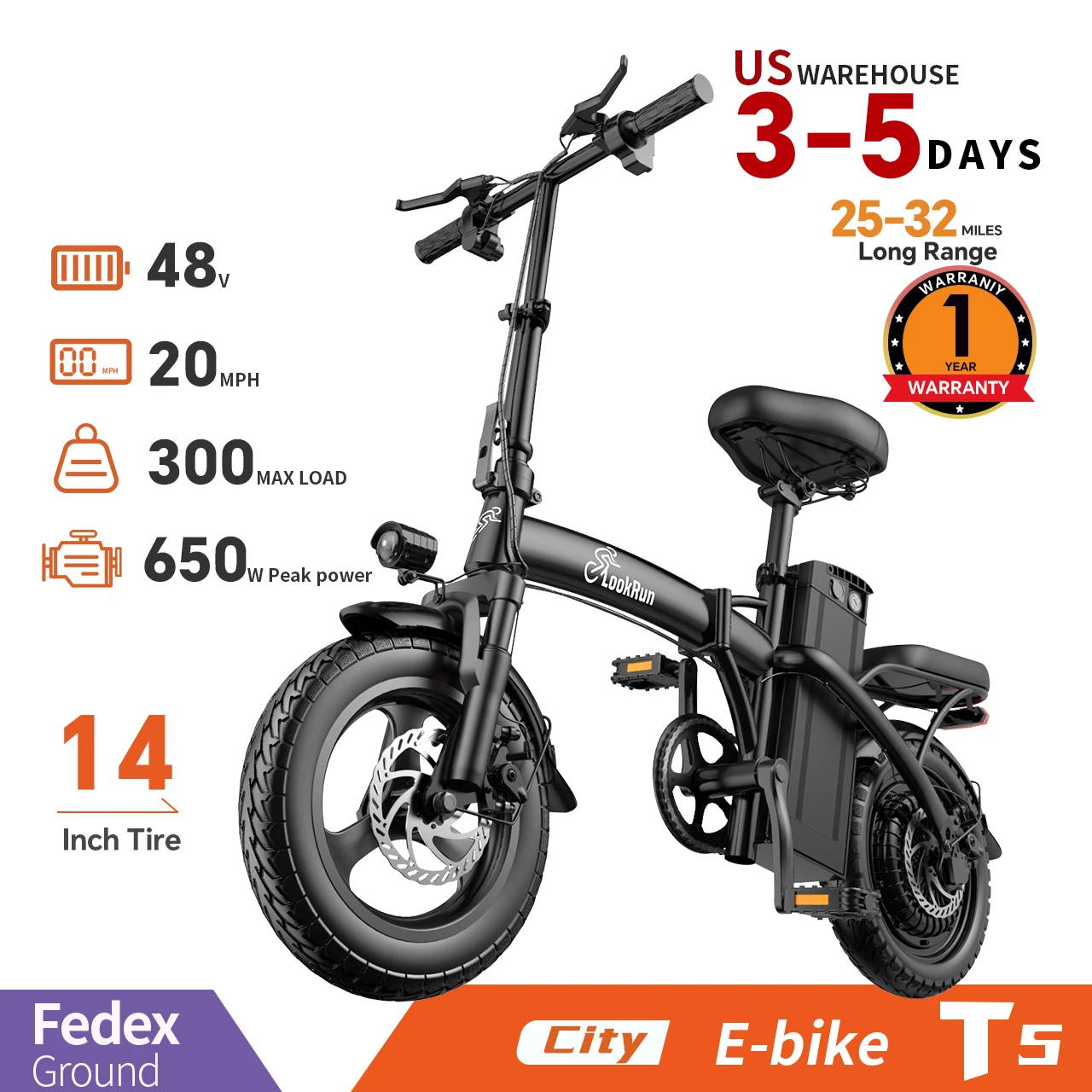 Folding Electric Bike,48V15AH Speed Over 20 MPH, 650W Adult Electric Bicycle with 14-inch Fat Tires, Max Range 20 Miles image 4