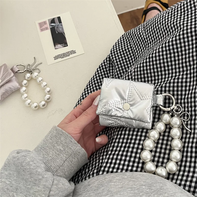 Silver Star Puffer Earphone Bag For Apple Airpods Pro 2 3 4 Cover with Chain Cute Headphone Charging Cases For Airpod 4 3 Case