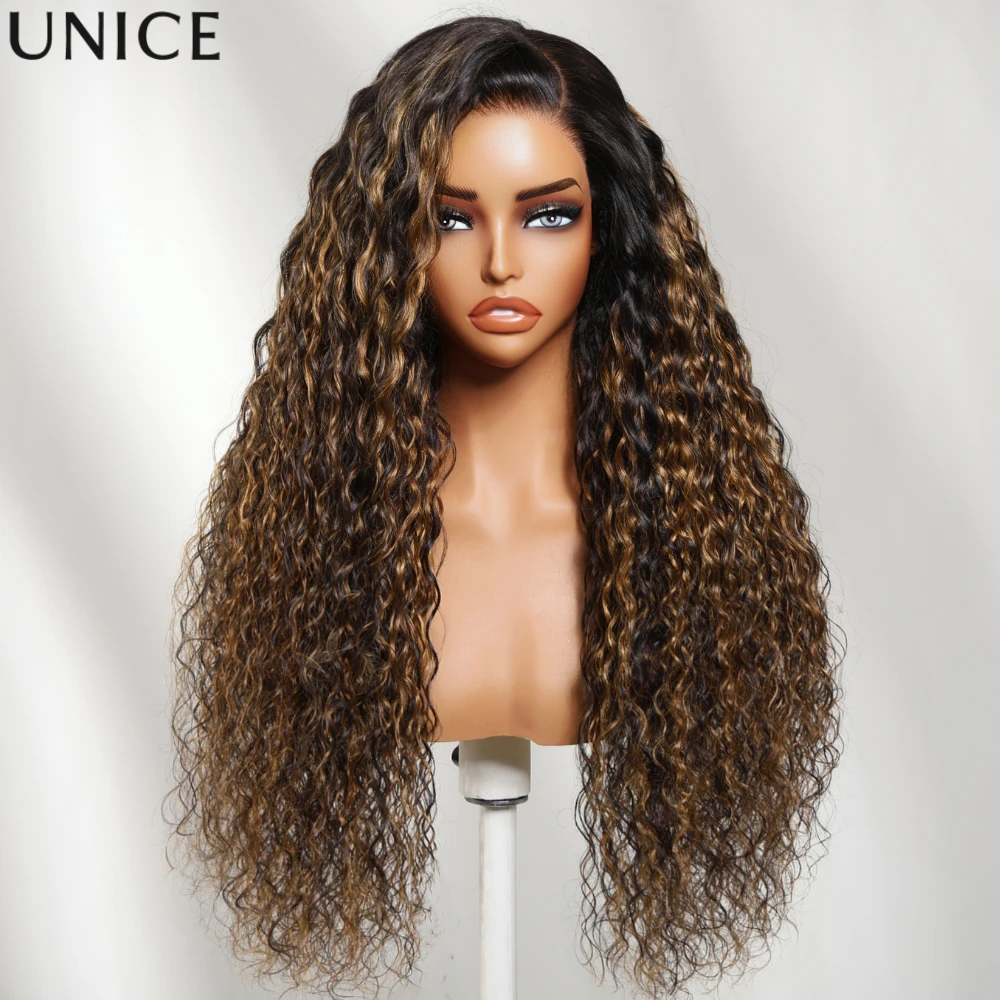 UNice No-Slip Cap 7x5 Lace Balayage Highlights Water Wave Wig Human Hair Side Part Glueless Wig Ready To Wear & Go