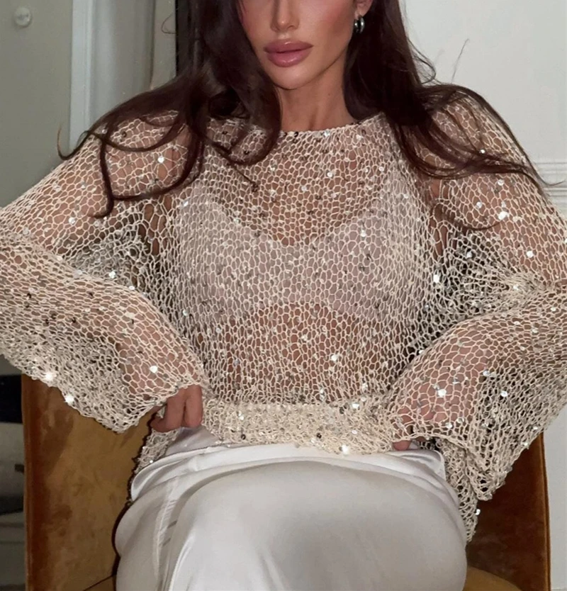 

Long Sleeve Sexy Sheer Sequined Knit Top Blouse Shirt Crochet Swimwear Women Swimsuit Summer Loose Casual Sweater Beach Cover Up