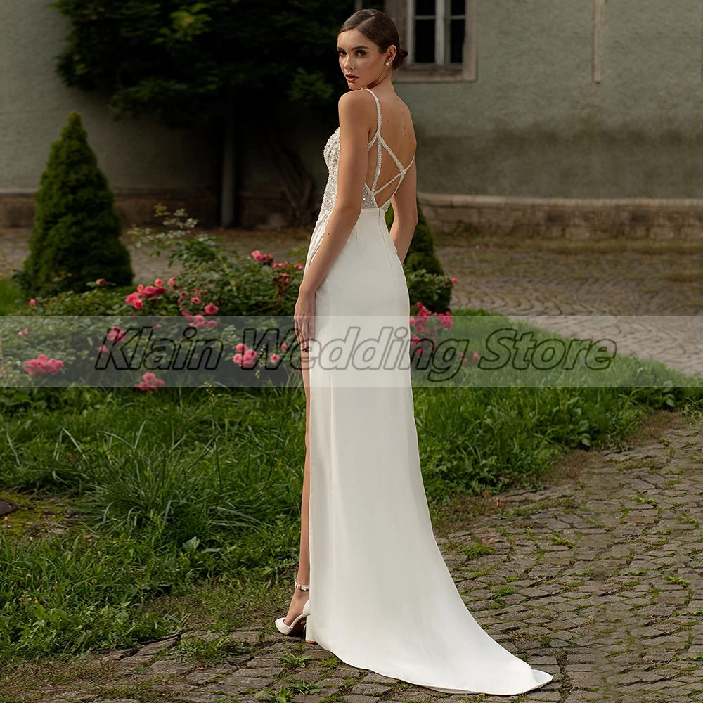 Weilinsha – robe de mariée fourreau Chic à paillettes, personnalisée, Sexy, bretelles Spaghetti, col en v, fente latérale, robe de mariée non