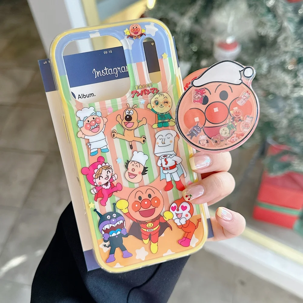 

Fashionable cartoon striped Anpanman with magnetic holder mobile case, for iPhone 14 15 16 17 ProMax, shockproof protective case